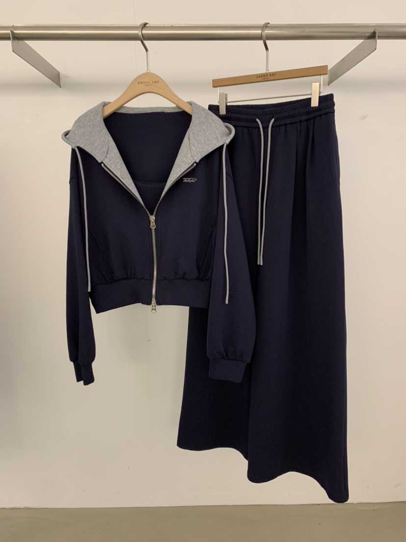 UNDER KEY東大門代購女士新品時尚人氣套裝三件套撞色連帽UNDER KEY套裝圖色3深藍色
