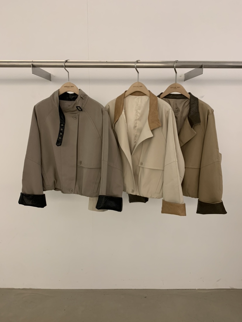 UNDER KEY東大門實拍女士新品時尚推薦人氣夾克皮革撞色UNDER KEY夾克