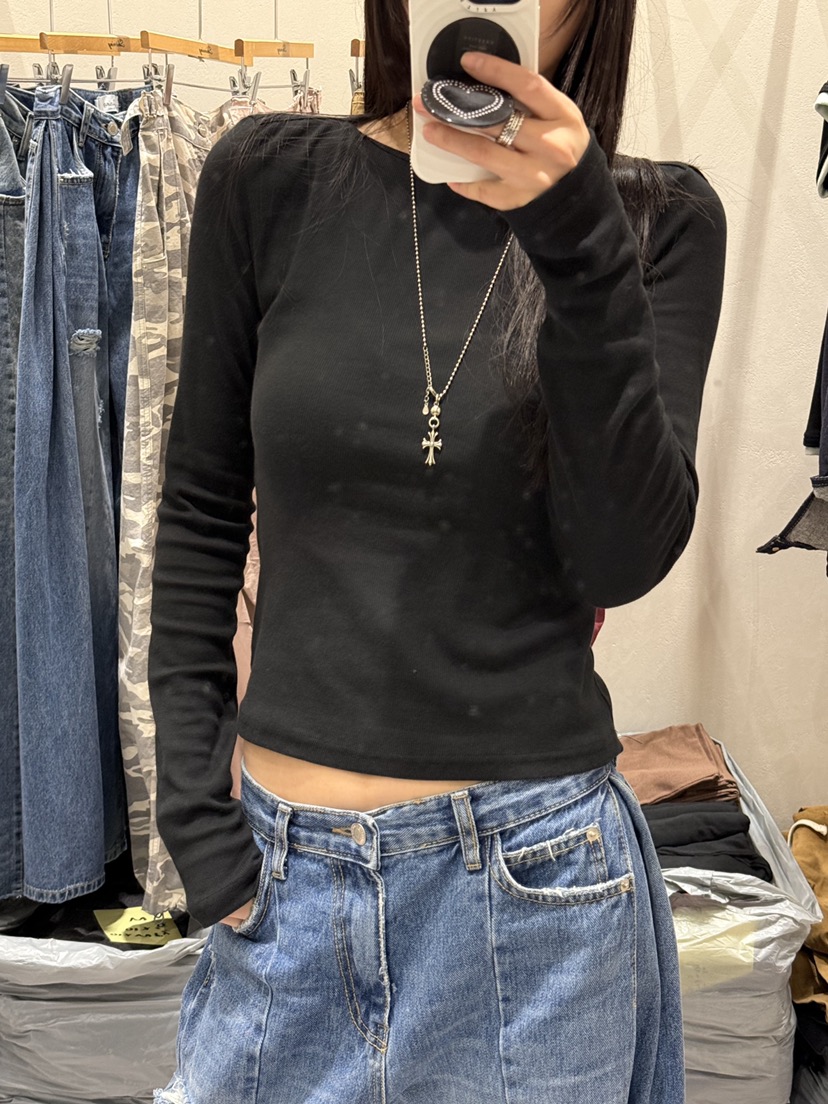 SHIRRING東大門實拍女士新品人氣時尚推薦真品長袖T恤船領SHIRRING長袖T恤