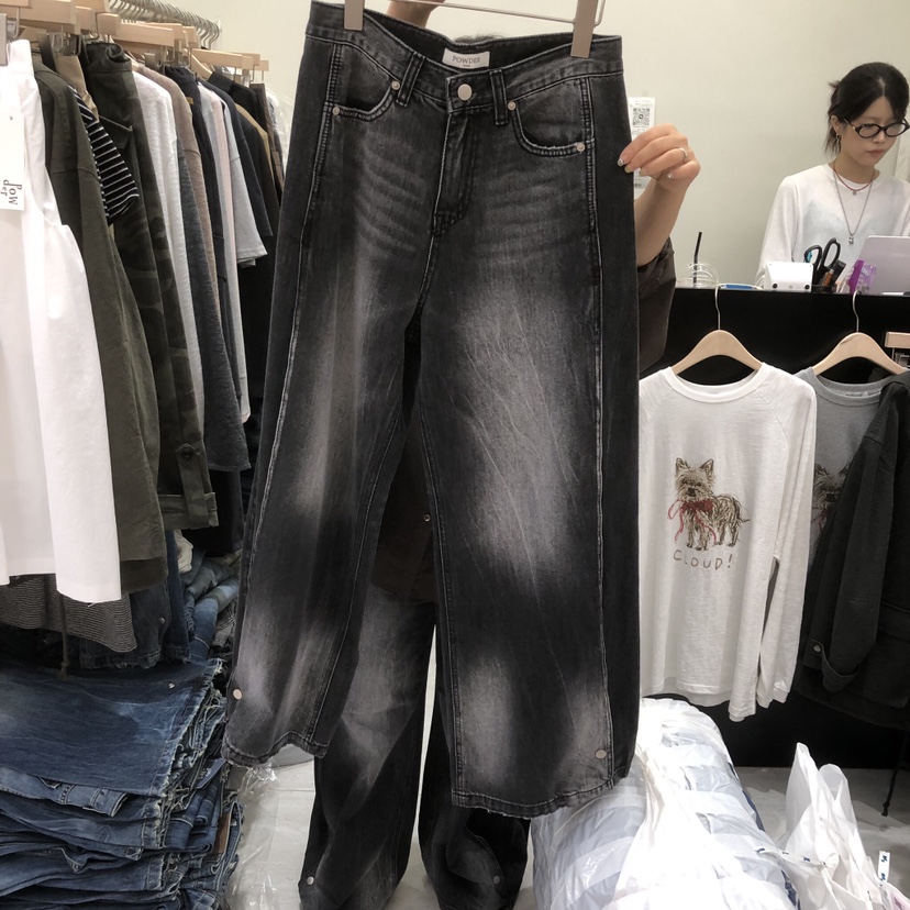 POWDER韓國直郵女士新品時尚熱賣真品人氣休閑牛仔褲紐扣POWDER牛仔褲圖色1黑