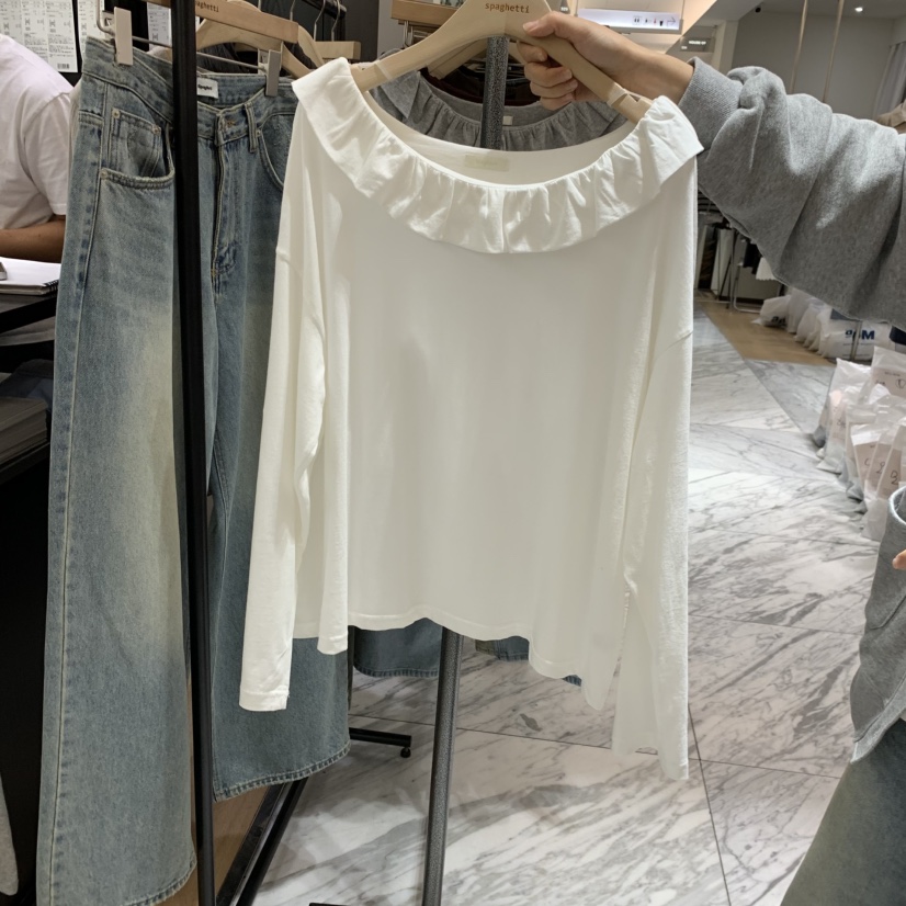 SPAGHETTI韓國代購女士新款真品人氣熱賣時尚長袖T恤褶邊spaghetti長袖T恤圖色1