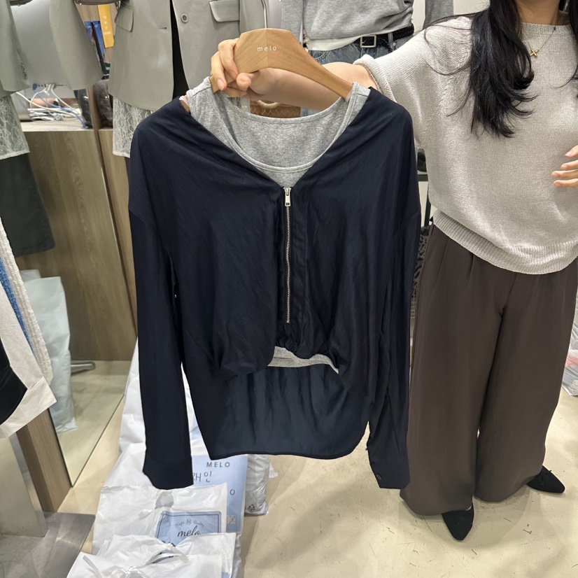 MELO韓國代購女裝新款真品人氣時尚襯衫蕾絲衫不對稱拉鏈MELO襯衫/蕾絲衫圖色2