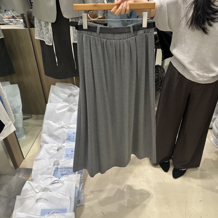 MELO韓國代購女裝新品休閑真品時尚熱賣長裙含腰帶系帶羅紋MELO長裙