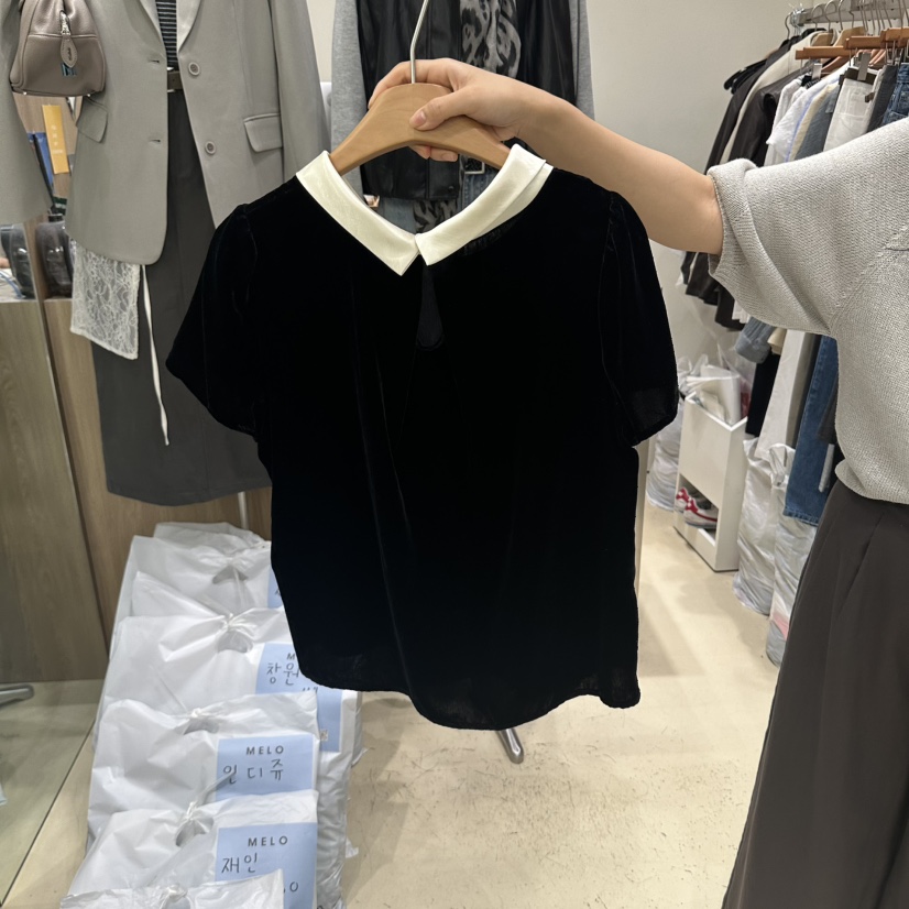 MELO韓國直郵女士新款推薦休閑時尚襯衫蕾絲衫天鵝絨撞色MELO襯衫/蕾絲衫