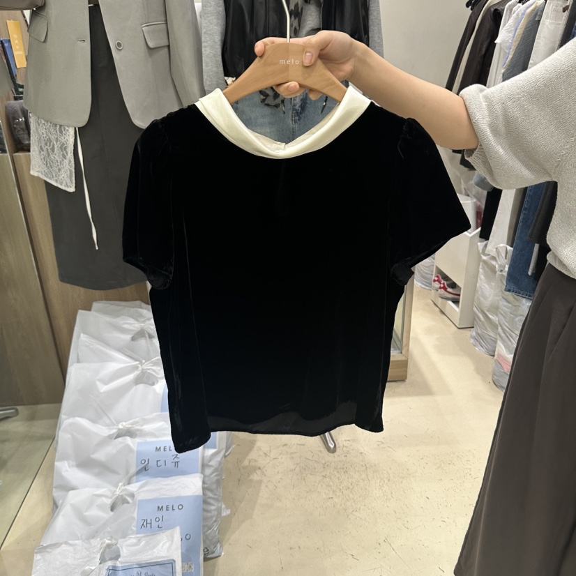 MELO韓國直郵女士新款推薦休閑時尚襯衫蕾絲衫天鵝絨撞色MELO襯衫/蕾絲衫圖色1