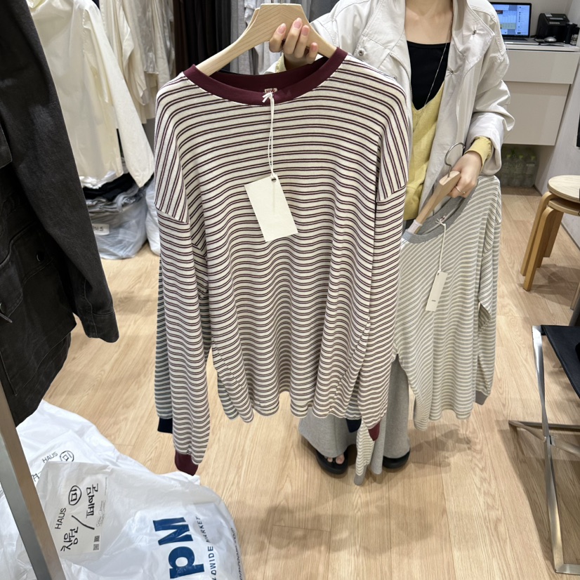 HAUS-A韓國直郵女士新款休閑時尚推薦真品熱賣長袖T恤條紋HAUSWOMEN長袖T恤圖色1
