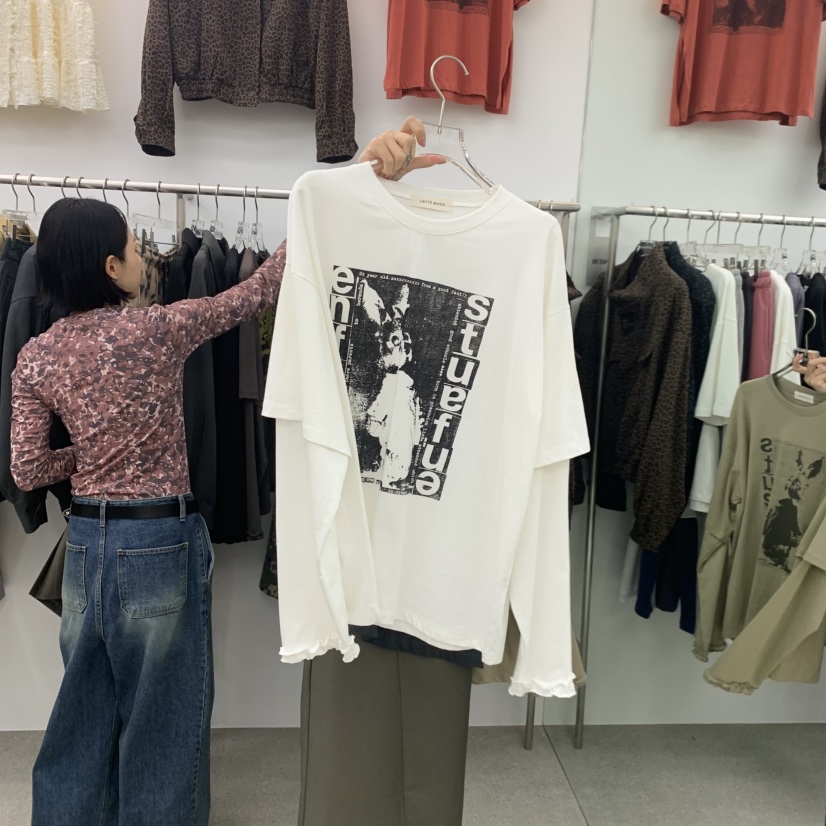 LATTEMOOD韓國直郵女士新款休閑人氣熱賣長袖T恤假兩件兔子LATTEMOOD長袖T恤圖色1