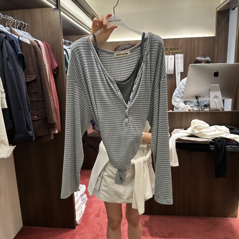 PEANUT BUTTER東大門實拍女士新品真品長袖T恤不含內搭不含圍巾紐扣PEANUT BUTTER長袖T恤圖色1