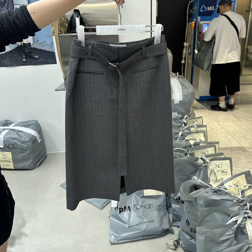 ANOU東大門實拍女裝新款休閑時尚職業半身裙中短裙含腰帶ANOU半身裙/中短裙圖色1灰色