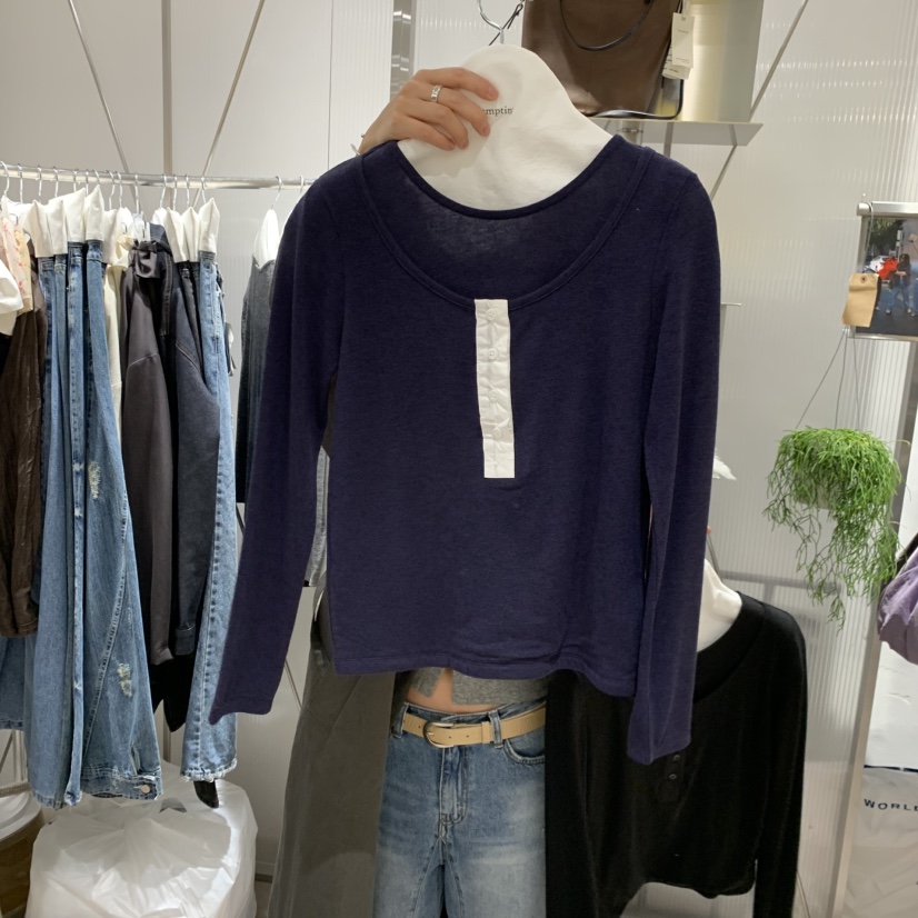 TEMPTING東大門實拍女士新品推薦休閑職業長袖T恤假兩件無袖TEMPTING長袖T恤圖色4深藍色