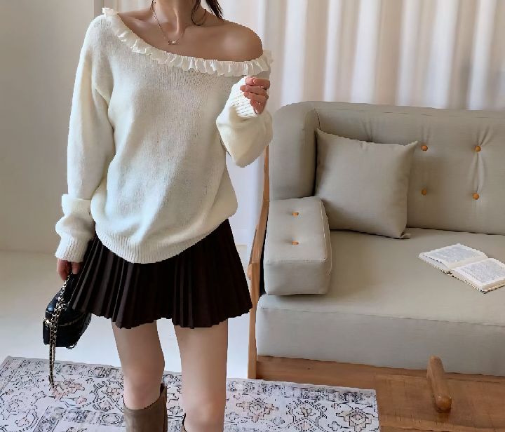 CRONG韓國直郵女士新款熱賣時尚人氣休閑推薦針織衫撞色褶邊CRONG針織衫