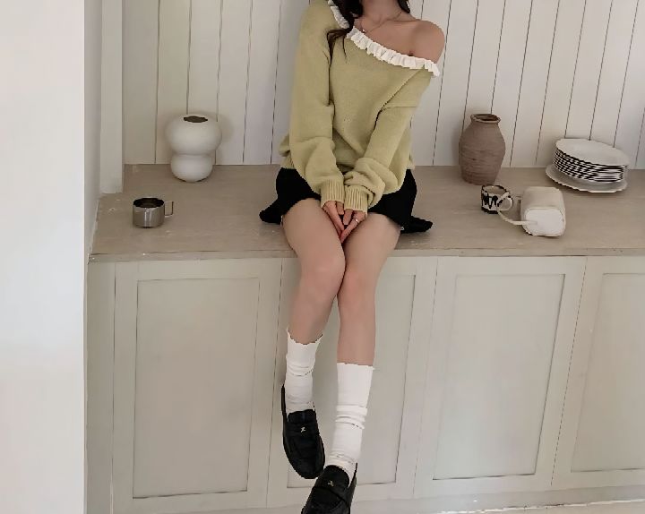 CRONG韓國直郵女士新款熱賣時尚人氣休閑推薦針織衫撞色褶邊CRONG針織衫