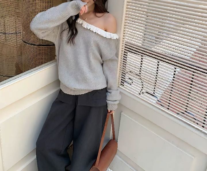 CRONG韓國直郵女士新款熱賣時尚人氣休閑推薦針織衫撞色褶邊CRONG針織衫