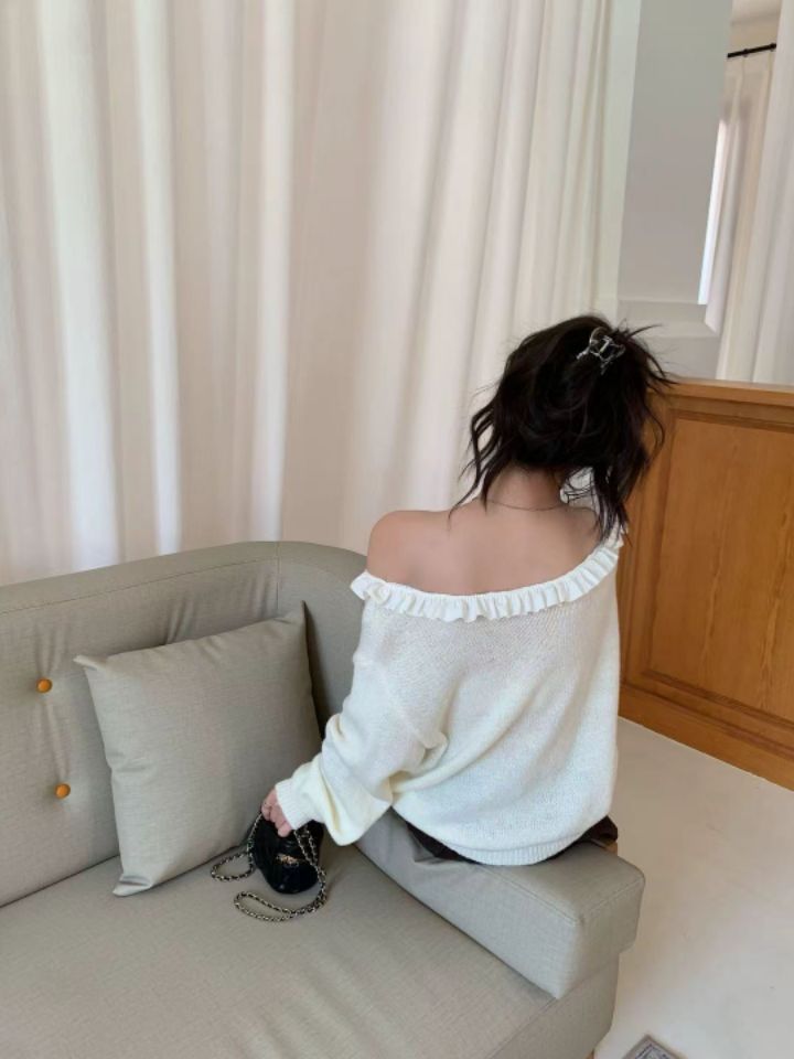 CRONG韓國直郵女士新款熱賣時尚人氣休閑推薦針織衫撞色褶邊CRONG針織衫