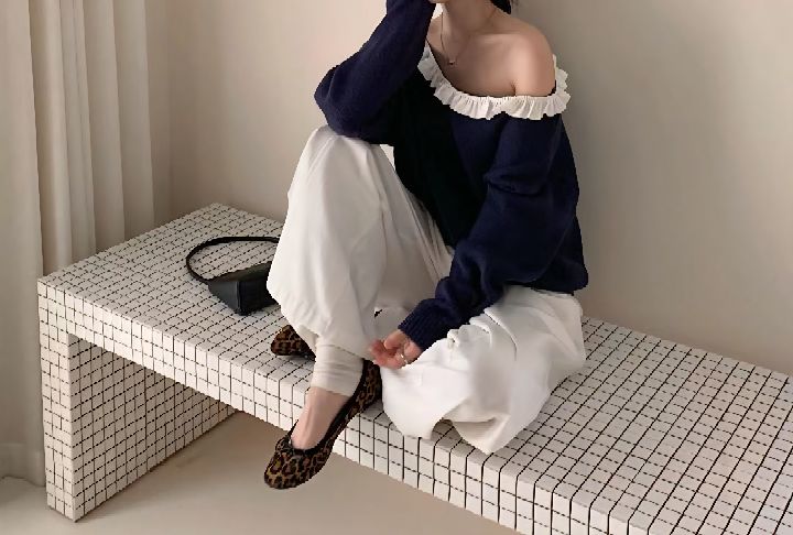 CRONG韓國直郵女士新款熱賣時尚人氣休閑推薦針織衫撞色褶邊CRONG針織衫