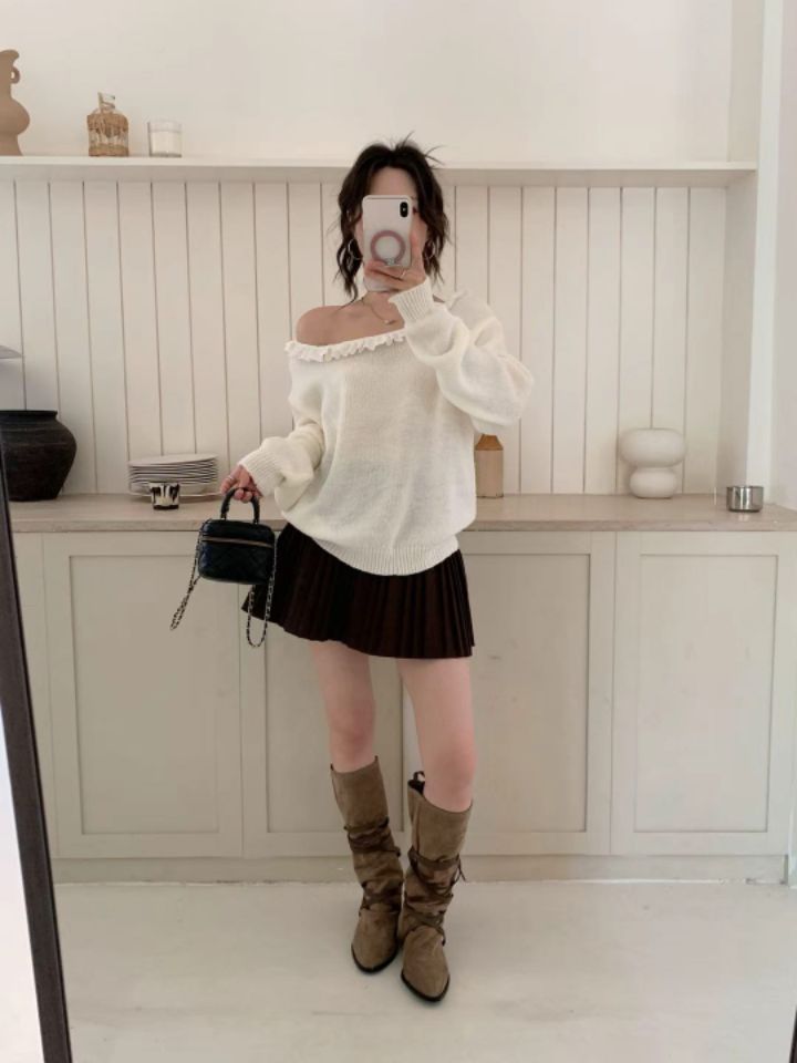 CRONG韓國直郵女士新款熱賣時尚人氣休閑推薦針織衫撞色褶邊CRONG針織衫