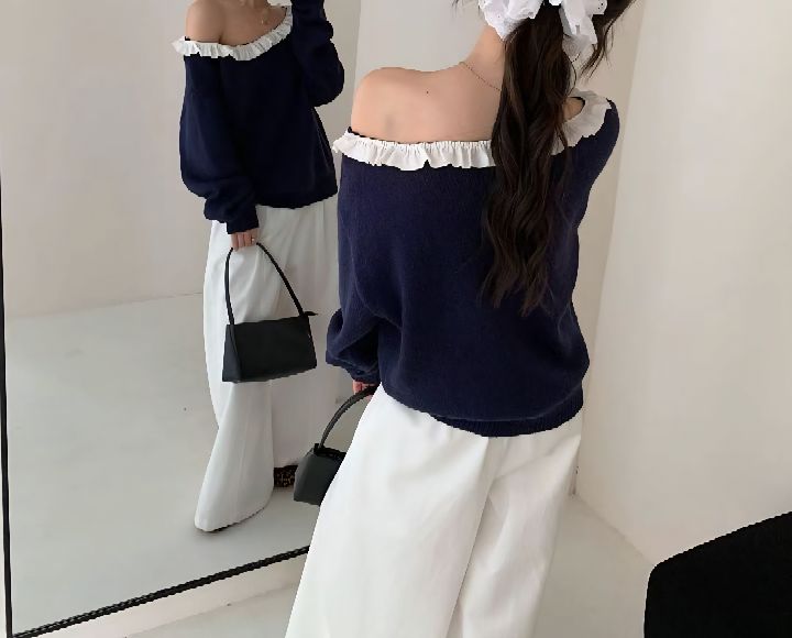 CRONG韓國直郵女士新款熱賣時尚人氣休閑推薦針織衫撞色褶邊CRONG針織衫