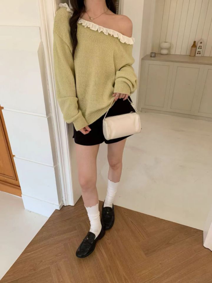 CRONG韓國直郵女士新款熱賣時尚人氣休閑推薦針織衫撞色褶邊CRONG針織衫圖色3