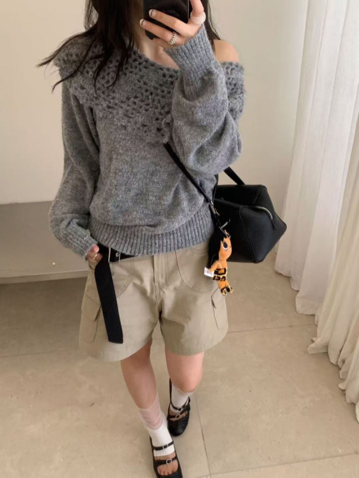 CRONG東大門代購女士新款真品時尚熱賣人氣休閑針織衫露肩CRONG針織衫