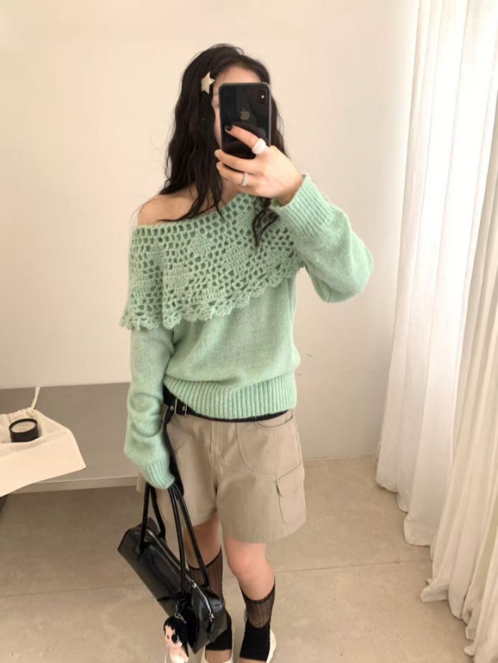 CRONG東大門代購女士新款真品時尚熱賣人氣休閑針織衫露肩CRONG針織衫