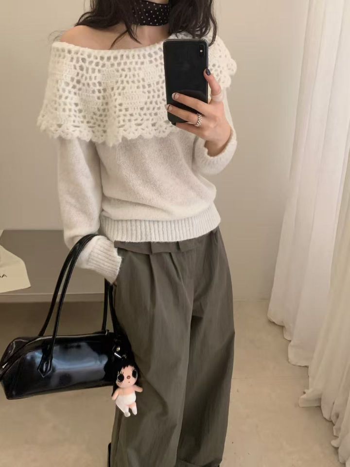 CRONG東大門代購女士新款真品時尚熱賣人氣休閑針織衫露肩CRONG針織衫圖色1