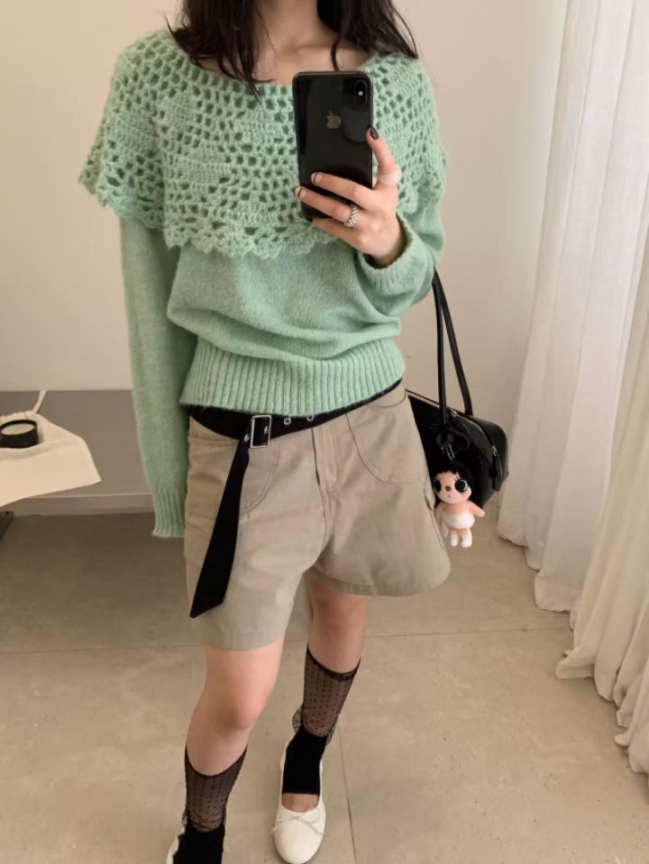 CRONG東大門代購女士新款真品時尚熱賣人氣休閑針織衫露肩CRONG針織衫圖色4