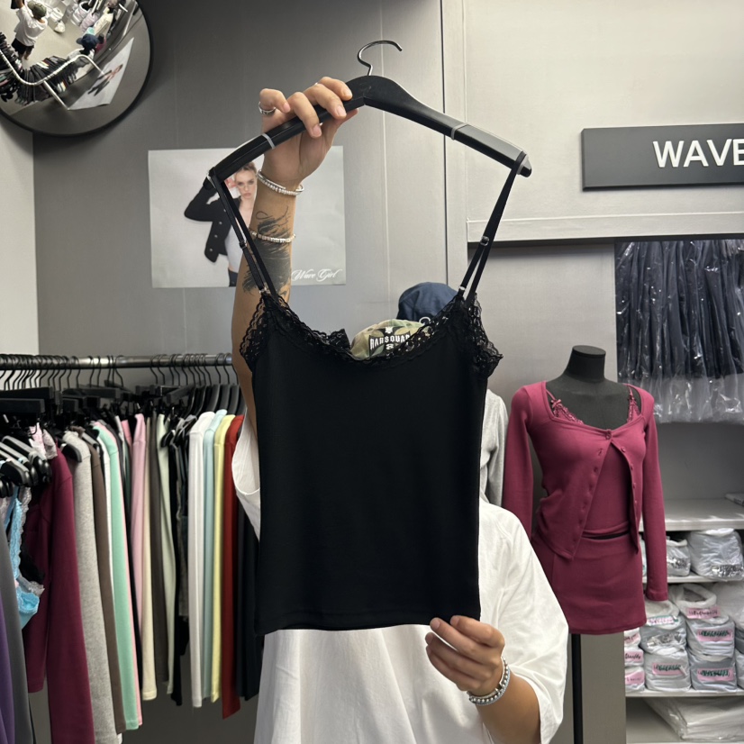 WAVE東大門實拍女士新品熱賣真品時尚吊帶背心蕾絲無袖紐扣WAVE吊帶/背心