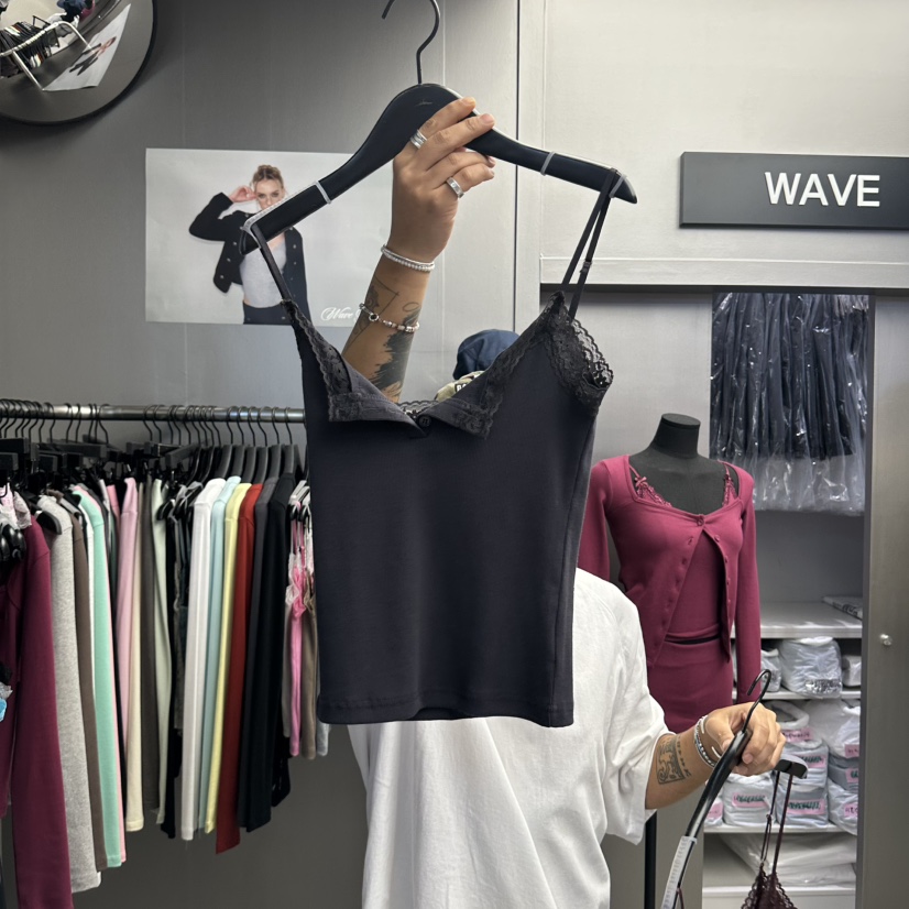 WAVE東大門實拍女士新品熱賣真品時尚吊帶背心蕾絲無袖紐扣WAVE吊帶/背心圖色6墨色