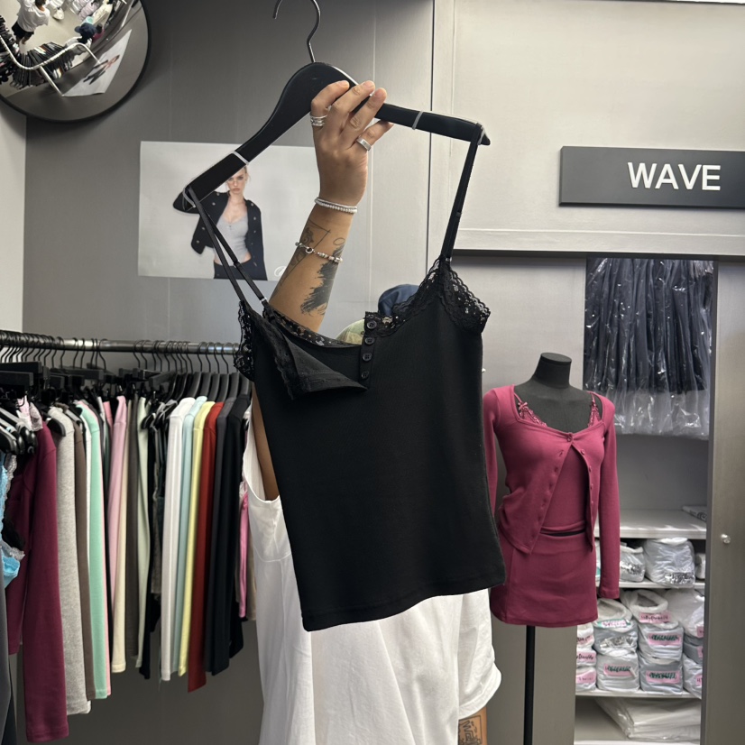 WAVE東大門實拍女士新品熱賣真品時尚吊帶背心蕾絲無袖紐扣WAVE吊帶/背心圖色7黑色