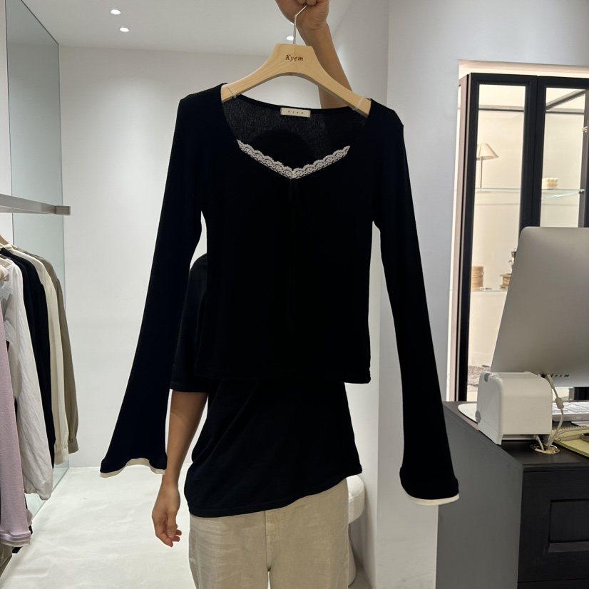 KYEM韓國代購女士新品真品推薦人氣休閑時尚長袖T恤撞色蕾絲KYEM長袖T恤圖色3