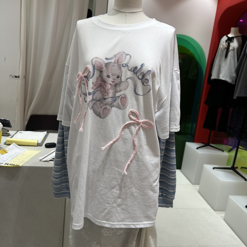 MINI UNNI韓國代購女裝新品休閑熱賣推薦長袖T恤假兩件絲帶MINI UNNI長袖T恤圖色1