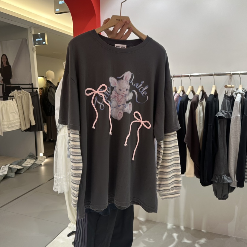MINI UNNI韓國代購女裝新品休閑熱賣推薦長袖T恤假兩件絲帶MINI UNNI長袖T恤圖色2