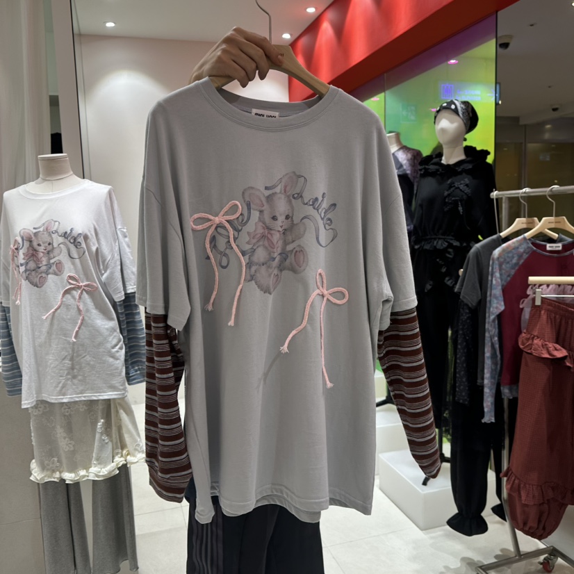 MINI UNNI韓國代購女裝新品休閑熱賣推薦長袖T恤假兩件絲帶MINI UNNI長袖T恤圖色3