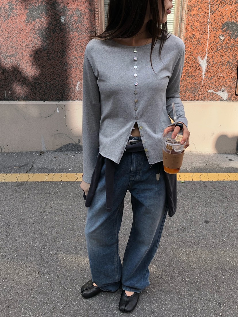 ONDO-P韓國直郵女裝新品推薦時尚真品熱賣休閑長袖T恤紐扣ONDO-P長袖T恤