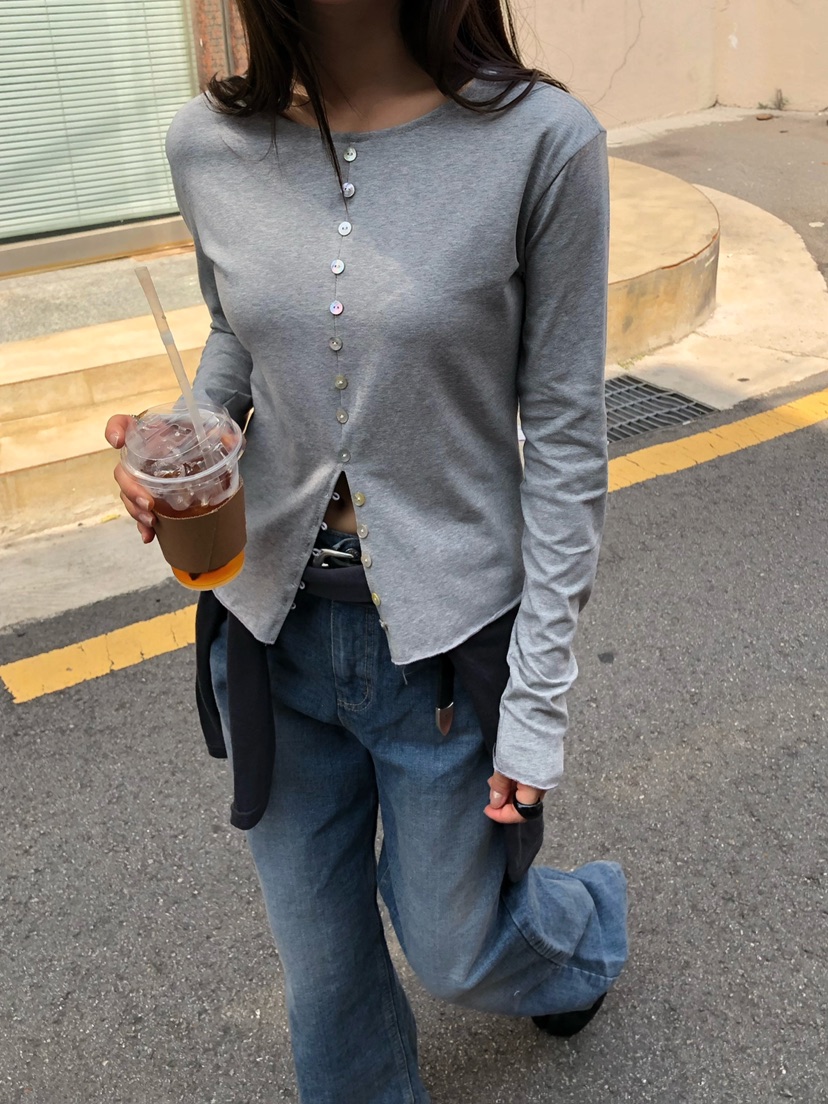 ONDO-P韓國直郵女裝新品推薦時尚真品熱賣休閑長袖T恤紐扣ONDO-P長袖T恤