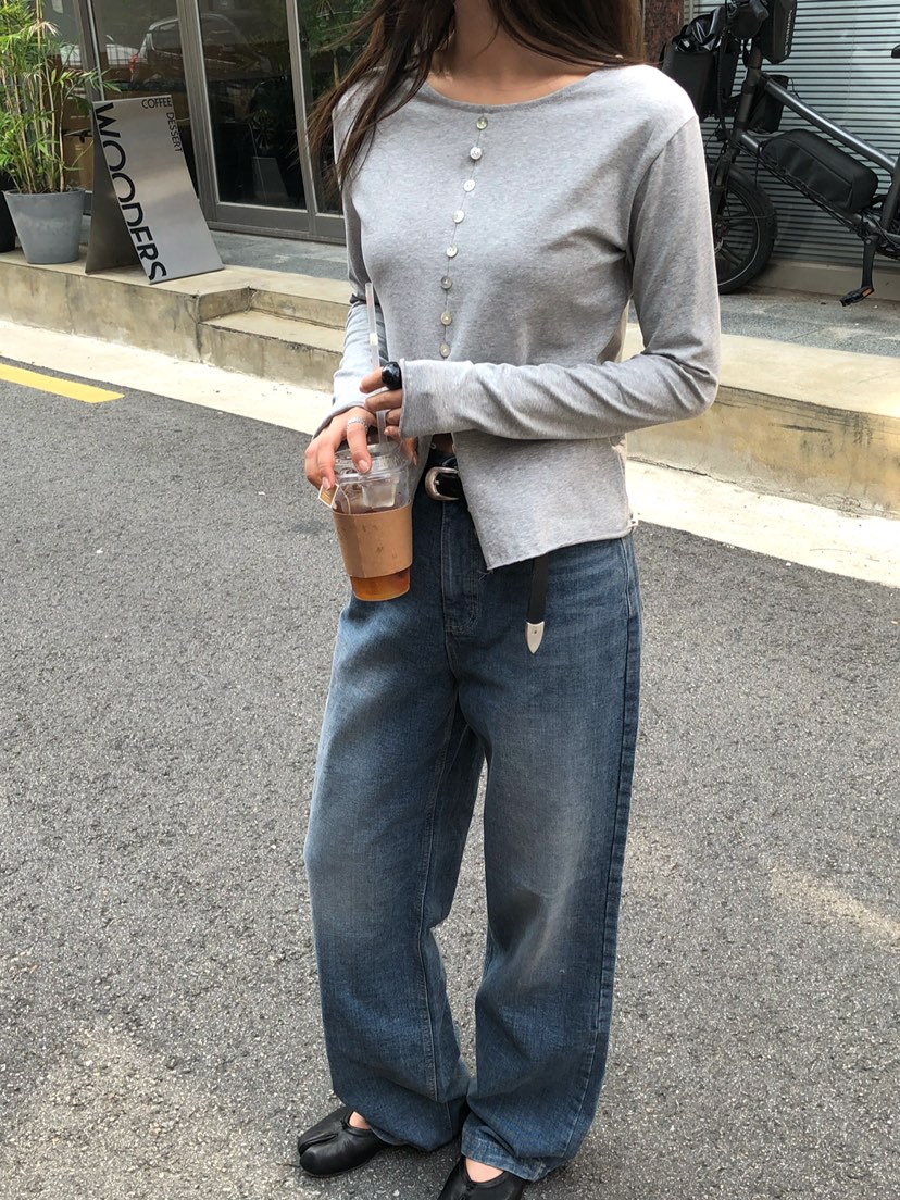 ONDO-P韓國直郵女裝新品推薦時尚真品熱賣休閑長袖T恤紐扣ONDO-P長袖T恤