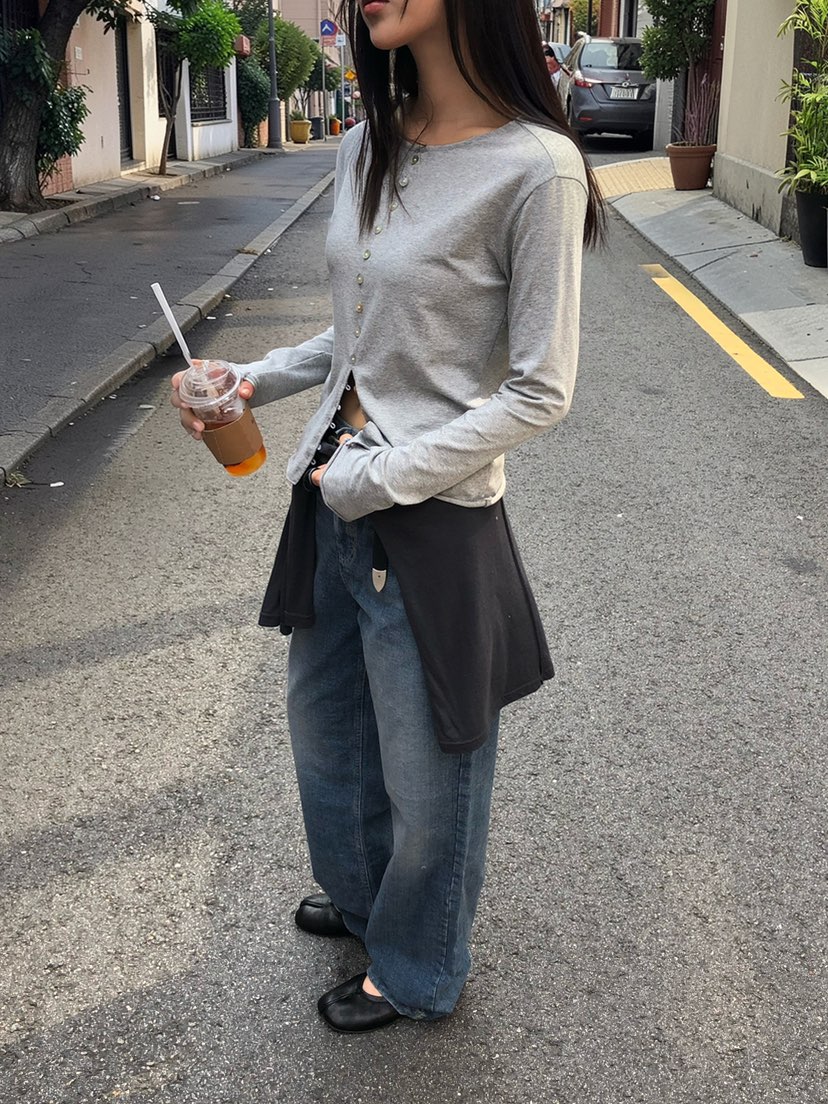ONDO-P韓國直郵女裝新品推薦時尚真品熱賣休閑長袖T恤紐扣ONDO-P長袖T恤