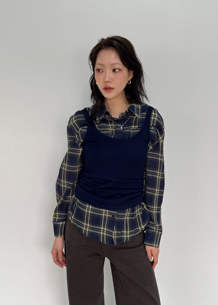 LE ETOILE韓國直郵女裝新品休閑時尚襯衫蕾絲衫雙口袋格子Le etoile襯衫/蕾絲衫