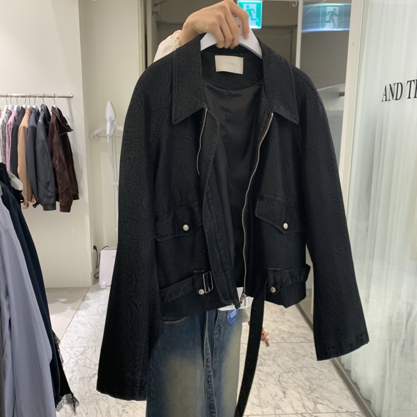 VENIR-A東大門代購女士新款真品推薦夾克水洗皮革含腰帶VENIR-A夾克圖色2黑