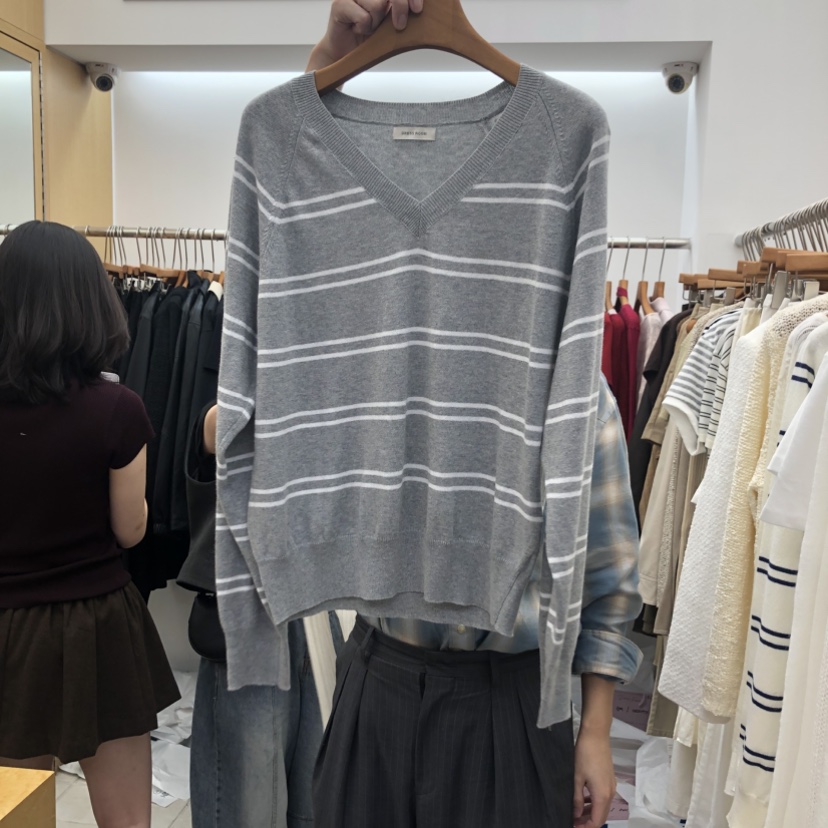DRESS ROOM東大門直郵女裝新款真品人氣熱賣針織衫V領條紋DRESS ROOM針織衫圖色2