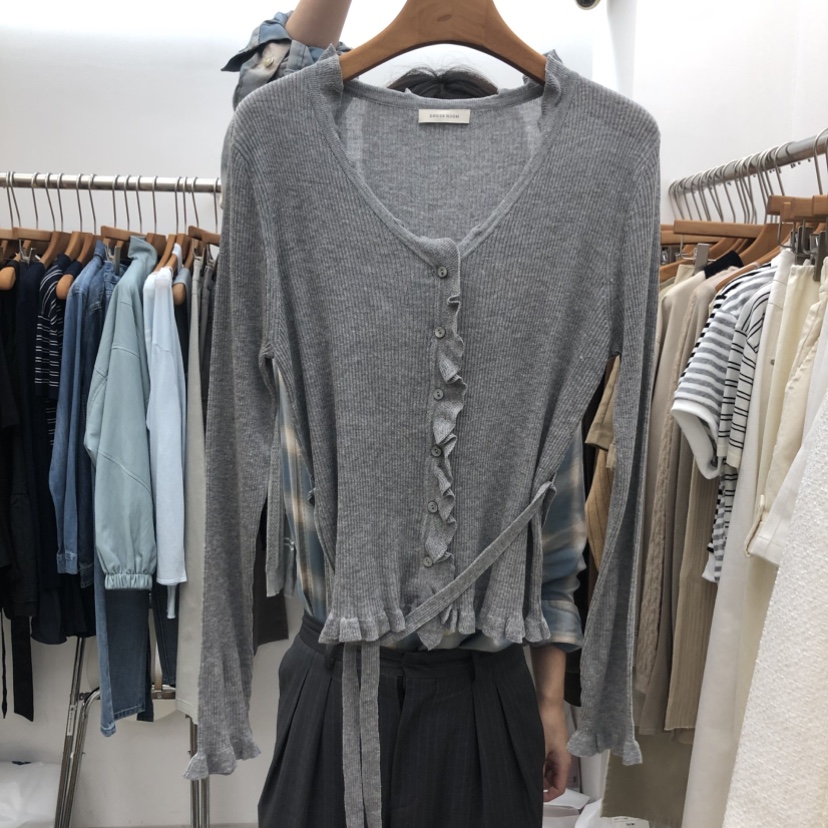 DRESS ROOM韓國代購女裝新款休閑時尚熱賣針織衫荷葉邊開衫DRESS ROOM針織衫圖色3