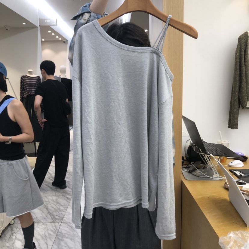 DRESS ROOM韓國代購女裝新款時尚推薦真品長袖T恤露肩羅紋DRESS ROOM長袖T恤圖色2