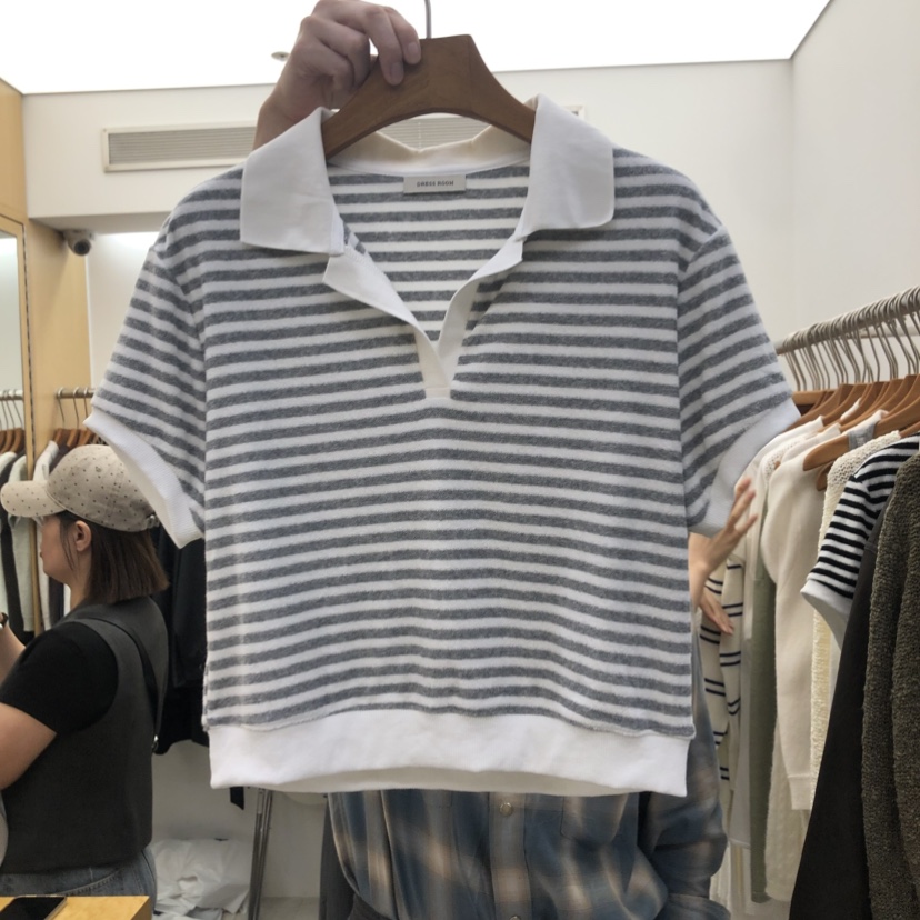 DRESS ROOM韓國代購女裝新品人氣推薦時尚真品熱賣T恤條紋DRESS ROOMT恤圖色1灰