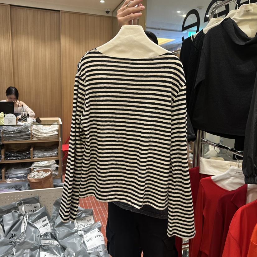 EEE東大門直郵女士新品熱賣時尚休閑真品長袖T恤條紋紐扣EEE長袖T恤