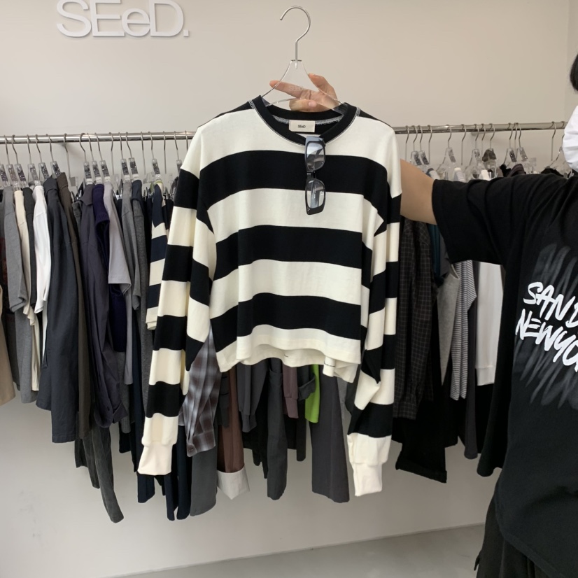 LEESEED-A/SEED東大門直郵女士新品人氣時尚長袖T恤條紋SEeD-SOBORO長袖T恤圖色2黑