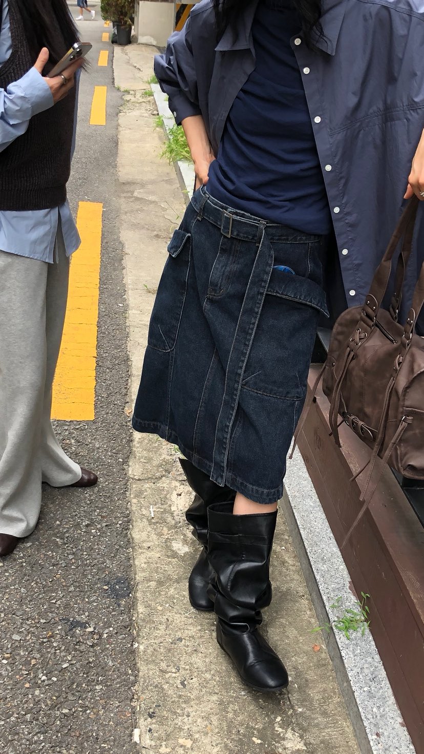 OVER RICH韓國代購女士新款時尚半身裙中短裙含腰帶口袋OVER RICH半身裙/中短裙