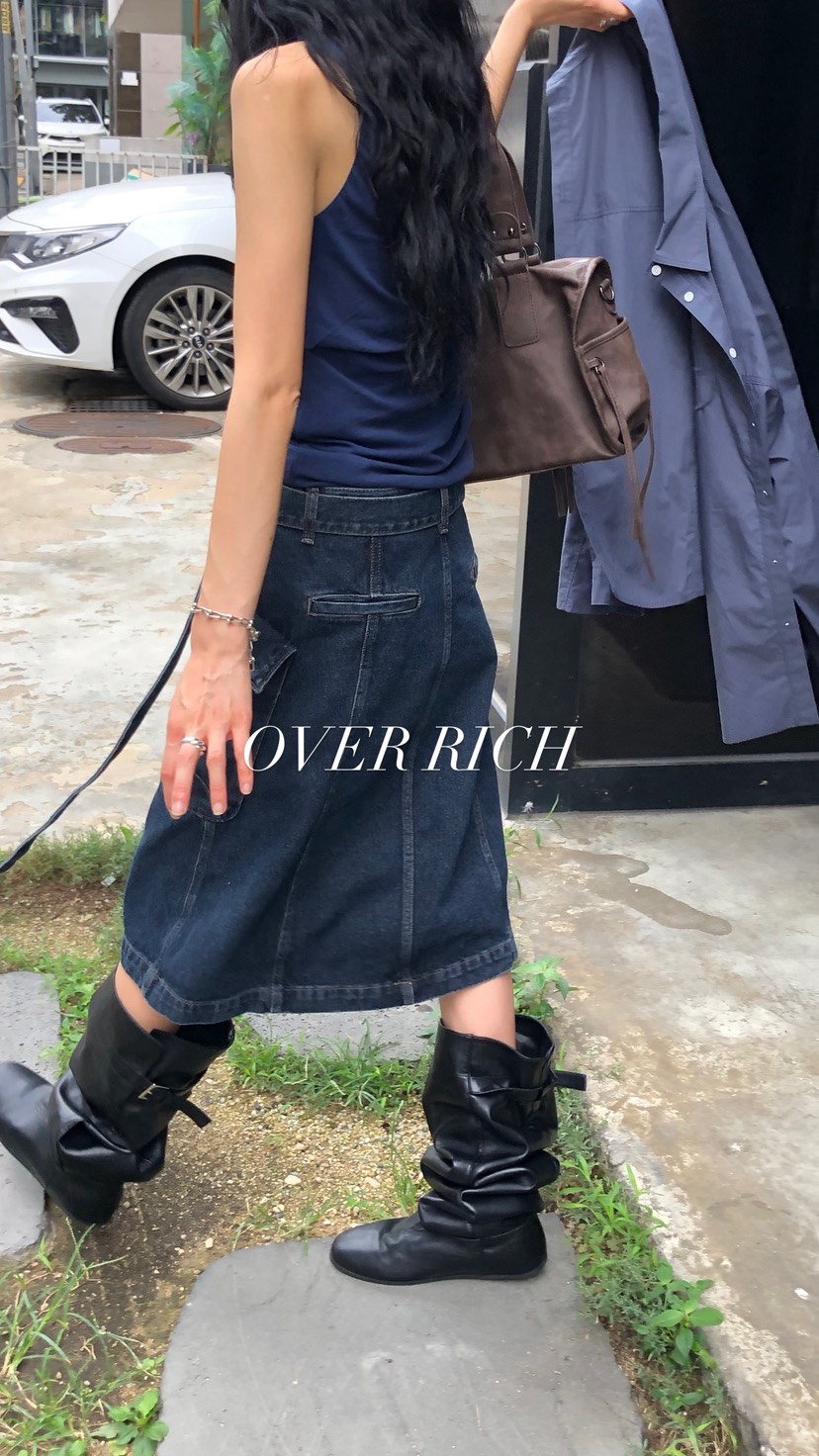 OVER RICH韓國代購女士新款時尚半身裙中短裙含腰帶口袋OVER RICH半身裙/中短裙