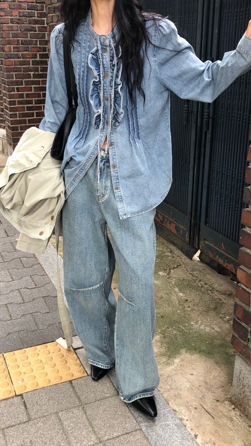 OVER RICH韓國代購女裝新款真品人氣時尚襯衫蕾絲衫荷葉邊OVER RICH襯衫/蕾絲衫