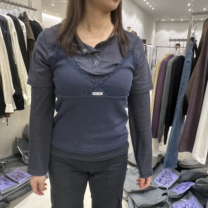 BENE東大門代購女裝新款時尚真品人氣推薦熱賣長袖T恤假兩件SHOP BENE_Bene長袖T恤圖色5深藍色