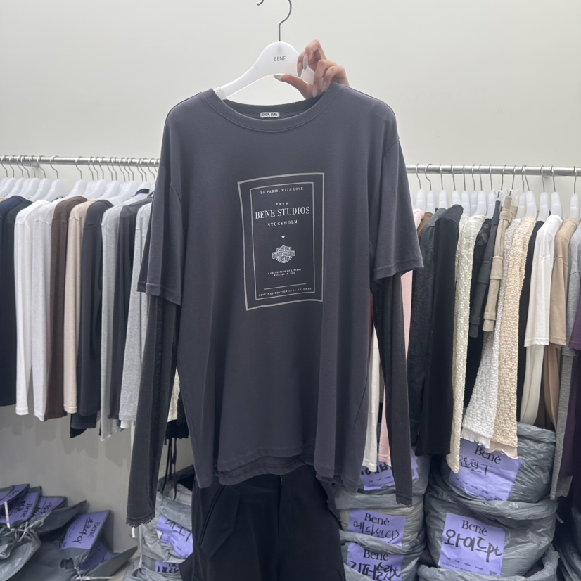 BENE東大門實拍女士新款熱賣時尚人氣推薦休閑長袖T恤假兩件SHOP BENE_Bene長袖T恤圖色5墨色